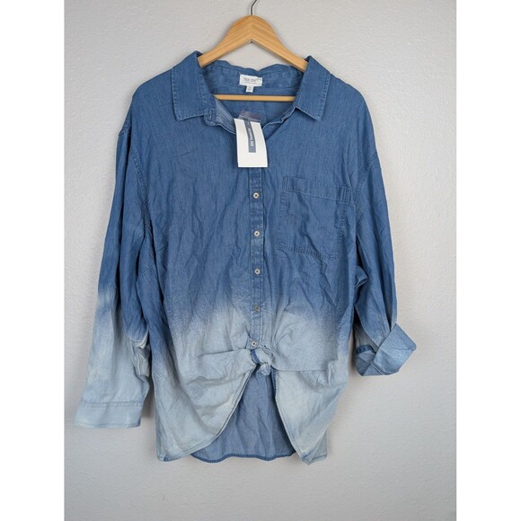 True Craft Shirt Womens 4X Blue Gradient Dip Dye Button Front Chambray Top NWT - Picture 1 of 10